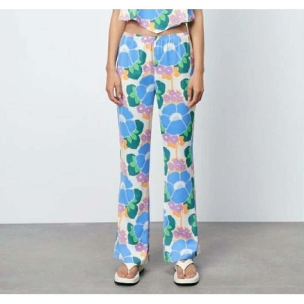Zara Womens Floral Print Straight Leg Elastic Waist Pants Blue Green Orange M